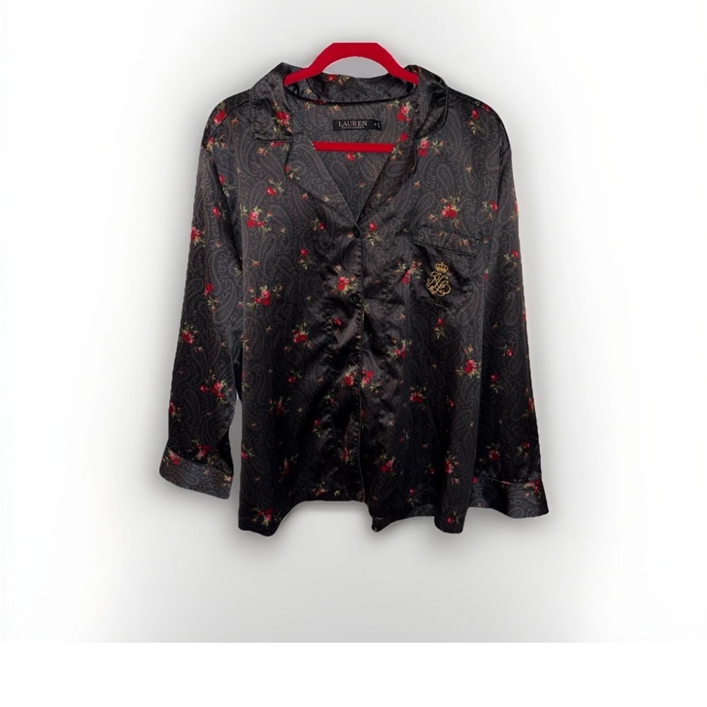 Lauren Ralph Lauren Satin Pajama Top 2X Black Floral Paisley Gold Crest